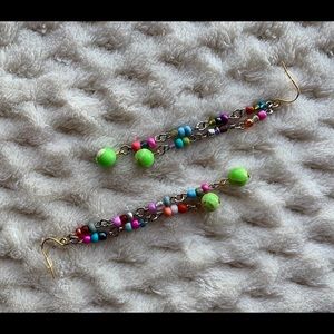 Green Gemstone and Multicolor Long Drop Earrings